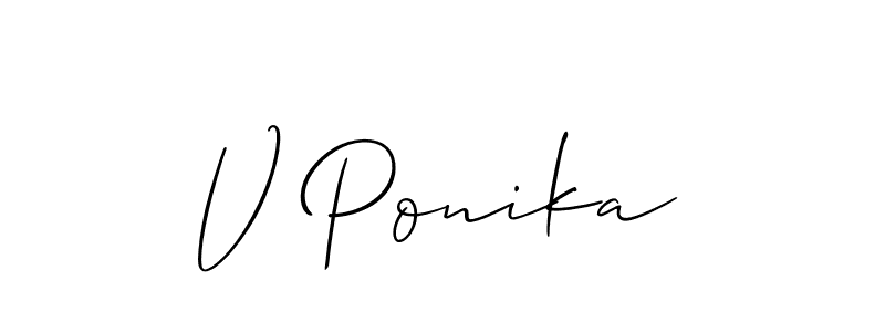 Also You can easily find your signature by using the search form. We will create V Ponika name handwritten signature images for you free of cost using Allison_Script sign style. V Ponika signature style 2 images and pictures png