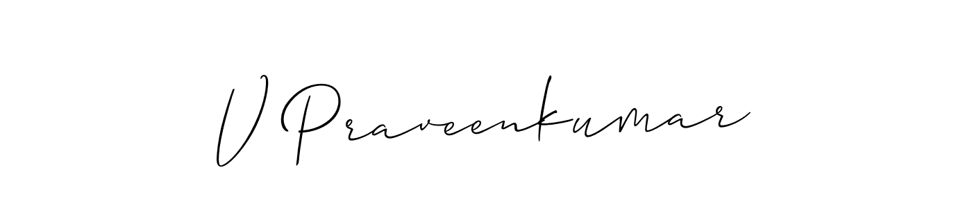 The best way (Allison_Script) to make a short signature is to pick only two or three words in your name. The name V Praveenkumar include a total of six letters. For converting this name. V Praveenkumar signature style 2 images and pictures png
