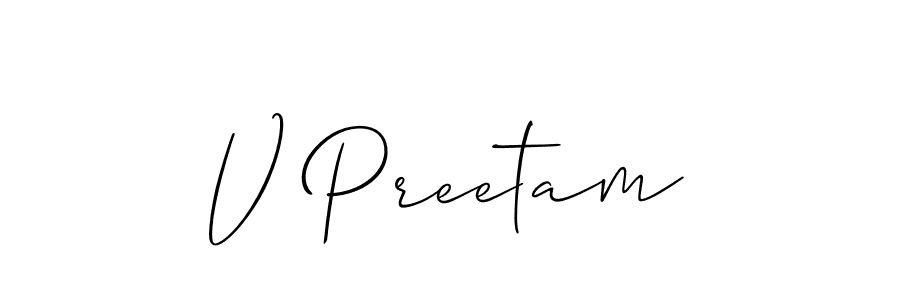 The best way (Allison_Script) to make a short signature is to pick only two or three words in your name. The name V Preetam include a total of six letters. For converting this name. V Preetam signature style 2 images and pictures png