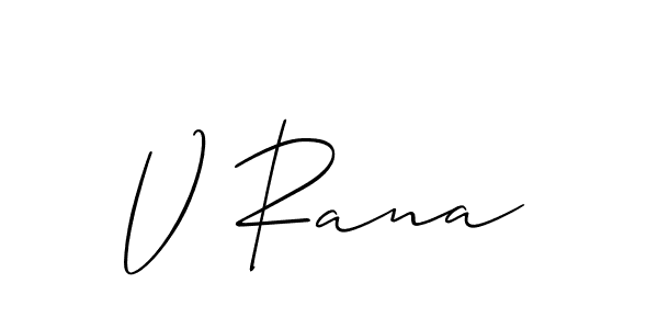 The best way (Allison_Script) to make a short signature is to pick only two or three words in your name. The name V Rana include a total of six letters. For converting this name. V Rana signature style 2 images and pictures png