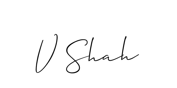 The best way (Allison_Script) to make a short signature is to pick only two or three words in your name. The name V Shah include a total of six letters. For converting this name. V Shah signature style 2 images and pictures png