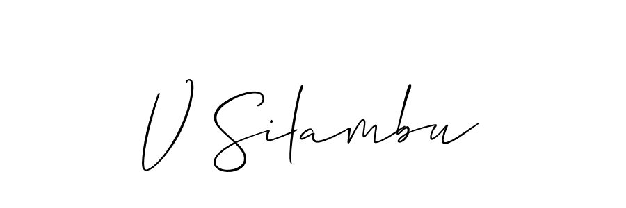 The best way (Allison_Script) to make a short signature is to pick only two or three words in your name. The name V Silambu include a total of six letters. For converting this name. V Silambu signature style 2 images and pictures png