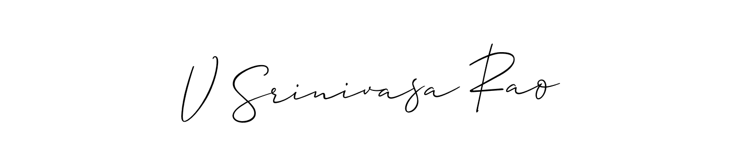 The best way (Allison_Script) to make a short signature is to pick only two or three words in your name. The name V Srinivasa Rao include a total of six letters. For converting this name. V Srinivasa Rao signature style 2 images and pictures png