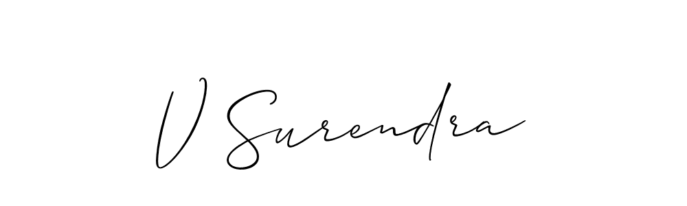 The best way (Allison_Script) to make a short signature is to pick only two or three words in your name. The name V Surendra include a total of six letters. For converting this name. V Surendra signature style 2 images and pictures png