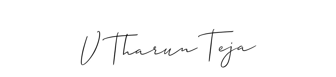 The best way (Allison_Script) to make a short signature is to pick only two or three words in your name. The name V Tharun Teja include a total of six letters. For converting this name. V Tharun Teja signature style 2 images and pictures png