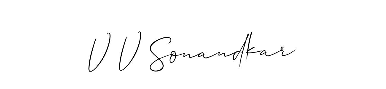 Similarly Allison_Script is the best handwritten signature design. Signature creator online .You can use it as an online autograph creator for name V V Sonandkar. V V Sonandkar signature style 2 images and pictures png