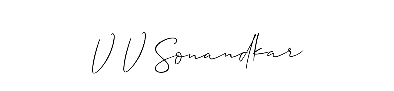 How to Draw V V Sonandkar signature style? Allison_Script is a latest design signature styles for name V V Sonandkar. V V Sonandkar signature style 2 images and pictures png