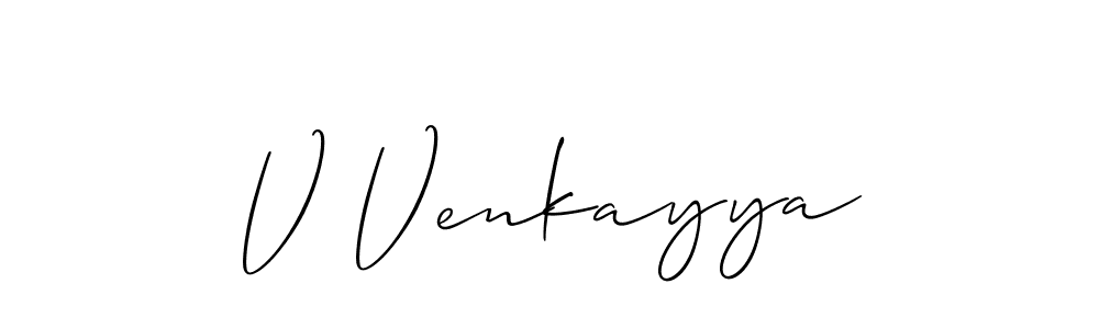 The best way (Allison_Script) to make a short signature is to pick only two or three words in your name. The name V Venkayya include a total of six letters. For converting this name. V Venkayya signature style 2 images and pictures png