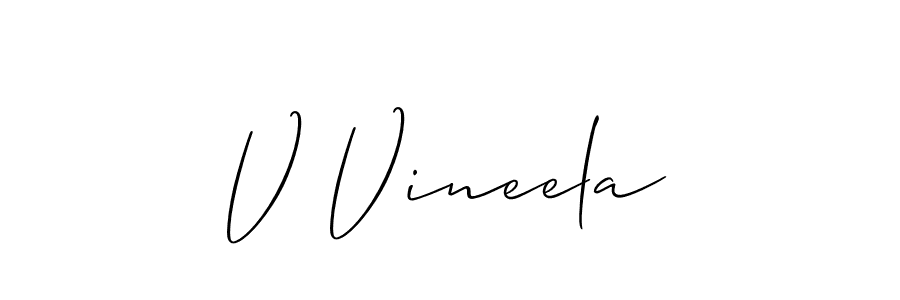 The best way (Allison_Script) to make a short signature is to pick only two or three words in your name. The name V Vineela include a total of six letters. For converting this name. V Vineela signature style 2 images and pictures png