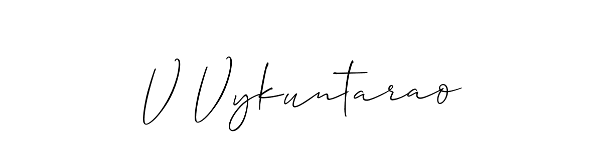 The best way (Allison_Script) to make a short signature is to pick only two or three words in your name. The name V Vykuntarao include a total of six letters. For converting this name. V Vykuntarao signature style 2 images and pictures png