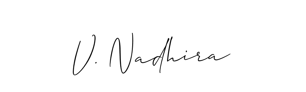 Use a signature maker to create a handwritten signature online. With this signature software, you can design (Allison_Script) your own signature for name V. Nadhira. V. Nadhira signature style 2 images and pictures png