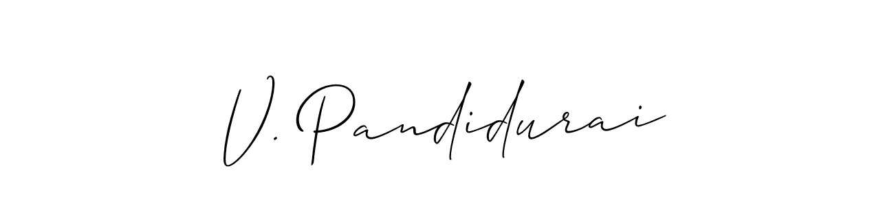 The best way (Allison_Script) to make a short signature is to pick only two or three words in your name. The name V. Pandidurai include a total of six letters. For converting this name. V. Pandidurai signature style 2 images and pictures png