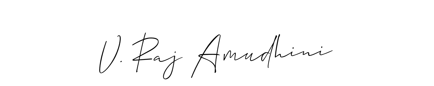 The best way (Allison_Script) to make a short signature is to pick only two or three words in your name. The name V. Raj Amudhini include a total of six letters. For converting this name. V. Raj Amudhini signature style 2 images and pictures png