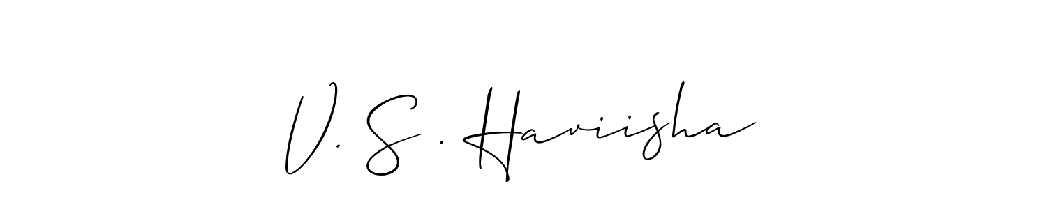 How to make V. S . Haviisha name signature. Use Allison_Script style for creating short signs online. This is the latest handwritten sign. V. S . Haviisha signature style 2 images and pictures png