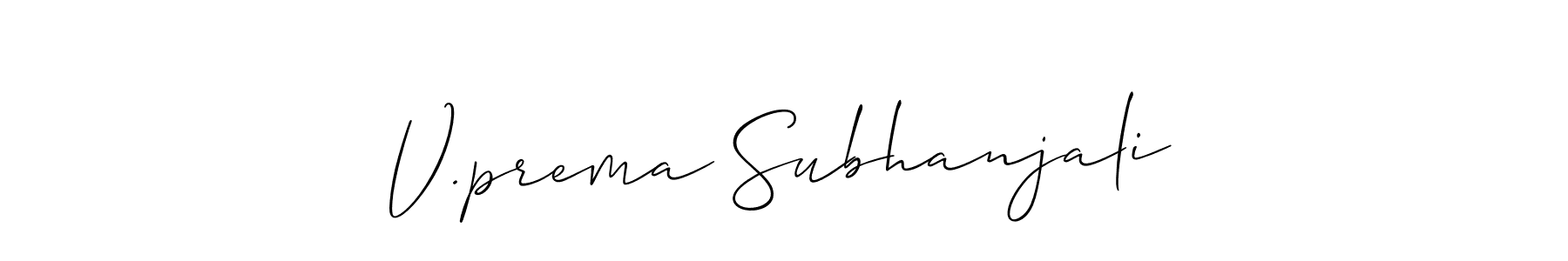 if you are searching for the best signature style for your name V.prema Subhanjali. so please give up your signature search. here we have designed multiple signature styles  using Allison_Script. V.prema Subhanjali signature style 2 images and pictures png