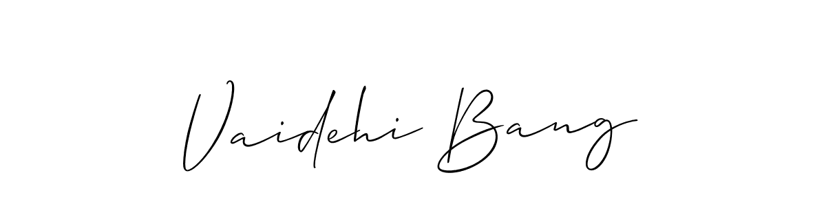 The best way (Allison_Script) to make a short signature is to pick only two or three words in your name. The name Vaidehi Bang include a total of six letters. For converting this name. Vaidehi Bang signature style 2 images and pictures png