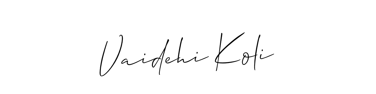 Allison_Script is a professional signature style that is perfect for those who want to add a touch of class to their signature. It is also a great choice for those who want to make their signature more unique. Get Vaidehi Koli name to fancy signature for free. Vaidehi Koli signature style 2 images and pictures png