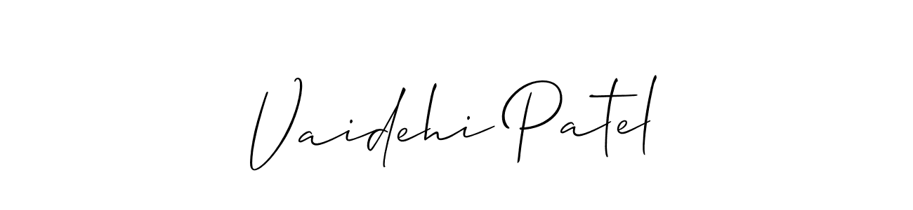 How to make Vaidehi Patel name signature. Use Allison_Script style for creating short signs online. This is the latest handwritten sign. Vaidehi Patel signature style 2 images and pictures png