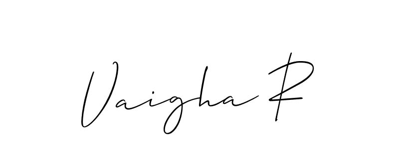 The best way (Allison_Script) to make a short signature is to pick only two or three words in your name. The name Vaigha R include a total of six letters. For converting this name. Vaigha R signature style 2 images and pictures png