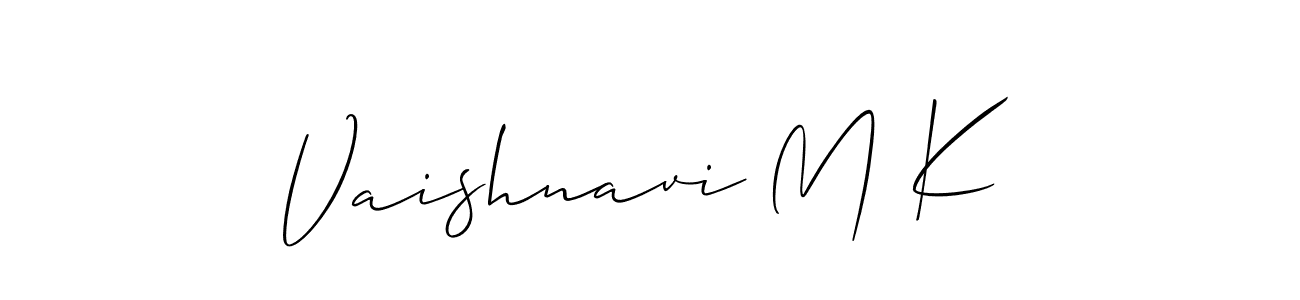 The best way (Allison_Script) to make a short signature is to pick only two or three words in your name. The name Vaishnavi M K include a total of six letters. For converting this name. Vaishnavi M K signature style 2 images and pictures png