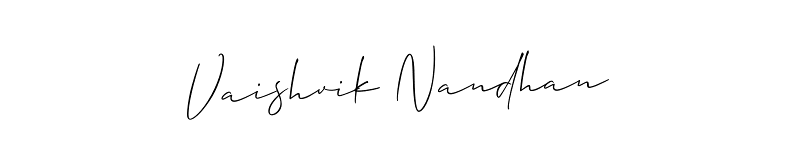 if you are searching for the best signature style for your name Vaishvik Nandhan. so please give up your signature search. here we have designed multiple signature styles  using Allison_Script. Vaishvik Nandhan signature style 2 images and pictures png