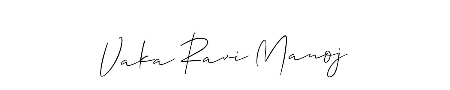 if you are searching for the best signature style for your name Vaka Ravi Manoj. so please give up your signature search. here we have designed multiple signature styles  using Allison_Script. Vaka Ravi Manoj signature style 2 images and pictures png