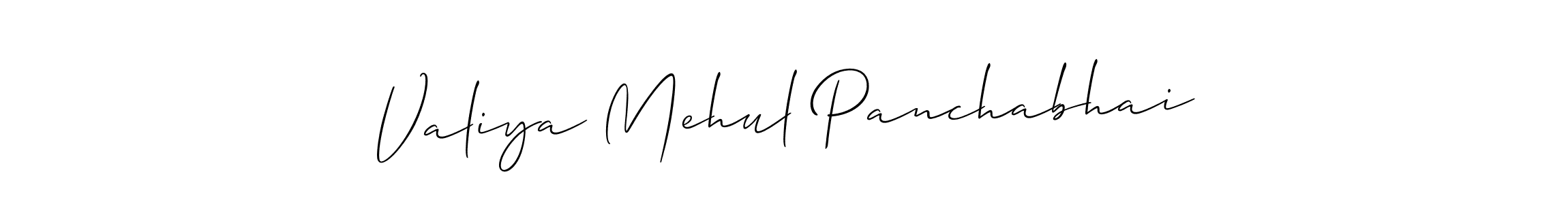 How to make Valiya Mehul Panchabhai name signature. Use Allison_Script style for creating short signs online. This is the latest handwritten sign. Valiya Mehul Panchabhai signature style 2 images and pictures png