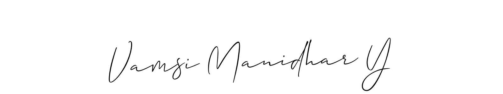 The best way (Allison_Script) to make a short signature is to pick only two or three words in your name. The name Vamsi Manidhar Y include a total of six letters. For converting this name. Vamsi Manidhar Y signature style 2 images and pictures png