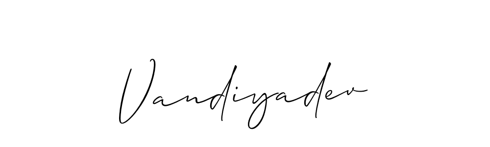 The best way (Allison_Script) to make a short signature is to pick only two or three words in your name. The name Vandiyadev include a total of six letters. For converting this name. Vandiyadev signature style 2 images and pictures png