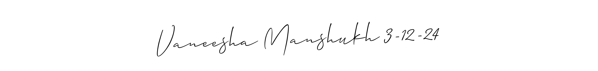 The best way (Allison_Script) to make a short signature is to pick only two or three words in your name. The name Vaneesha Manshukh 3-12-24 include a total of six letters. For converting this name. Vaneesha Manshukh 3-12-24 signature style 2 images and pictures png