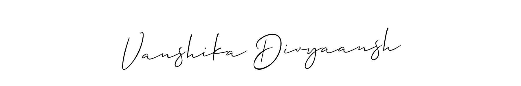 if you are searching for the best signature style for your name Vanshika Divyaansh. so please give up your signature search. here we have designed multiple signature styles  using Allison_Script. Vanshika Divyaansh signature style 2 images and pictures png
