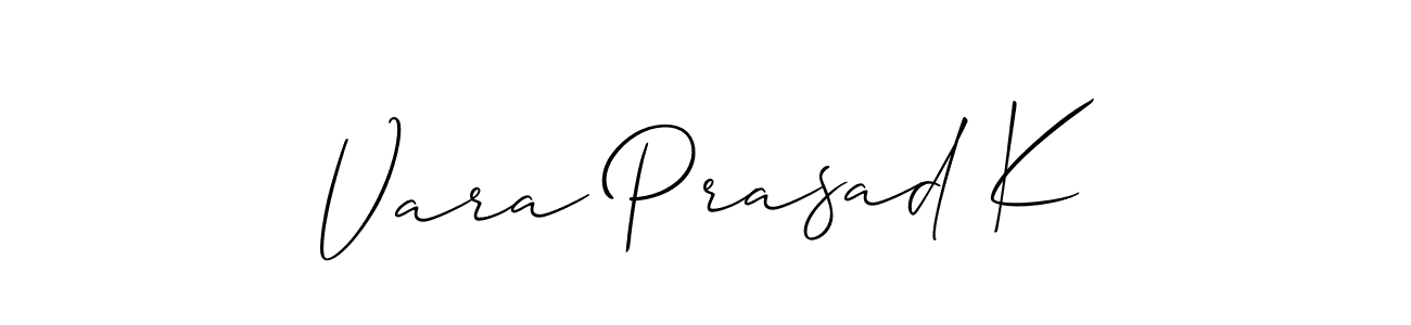 The best way (Allison_Script) to make a short signature is to pick only two or three words in your name. The name Vara Prasad K include a total of six letters. For converting this name. Vara Prasad K signature style 2 images and pictures png
