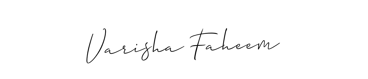 The best way (Allison_Script) to make a short signature is to pick only two or three words in your name. The name Varisha Faheem include a total of six letters. For converting this name. Varisha Faheem signature style 2 images and pictures png