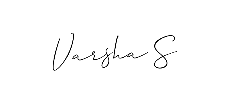 The best way (Allison_Script) to make a short signature is to pick only two or three words in your name. The name Varsha S include a total of six letters. For converting this name. Varsha S signature style 2 images and pictures png
