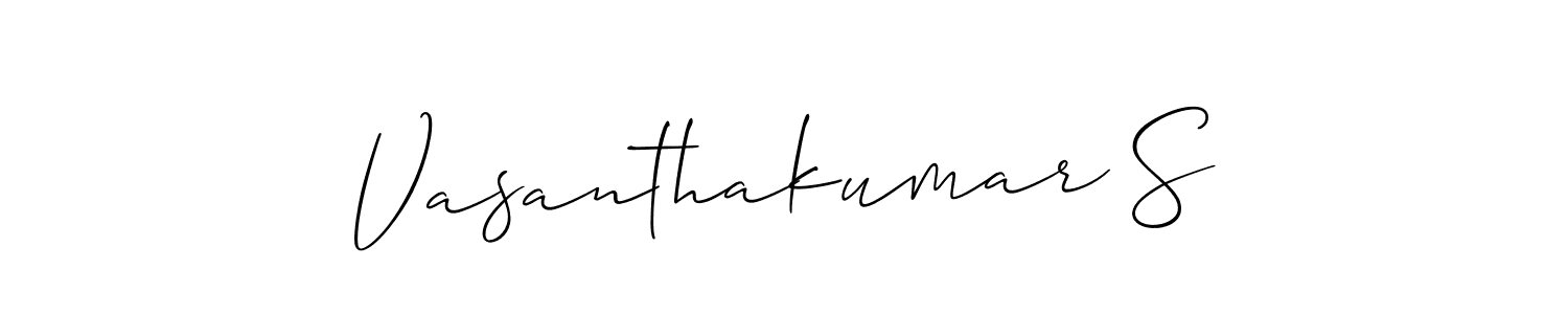 The best way (Allison_Script) to make a short signature is to pick only two or three words in your name. The name Vasanthakumar S include a total of six letters. For converting this name. Vasanthakumar S signature style 2 images and pictures png