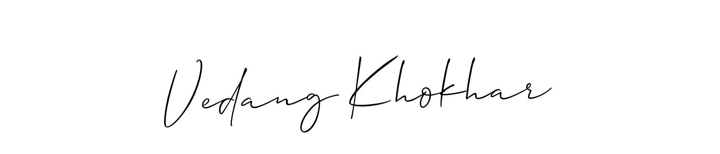 Allison_Script is a professional signature style that is perfect for those who want to add a touch of class to their signature. It is also a great choice for those who want to make their signature more unique. Get Vedang Khokhar name to fancy signature for free. Vedang Khokhar signature style 2 images and pictures png