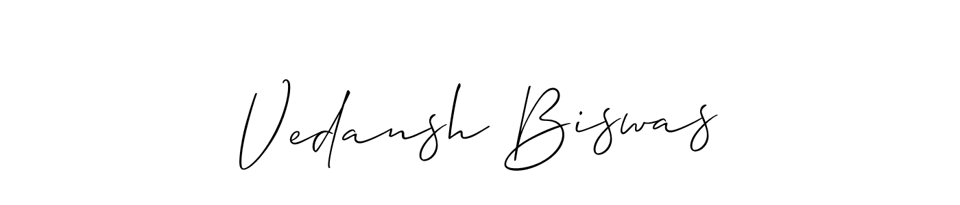 The best way (Allison_Script) to make a short signature is to pick only two or three words in your name. The name Vedansh Biswas include a total of six letters. For converting this name. Vedansh Biswas signature style 2 images and pictures png