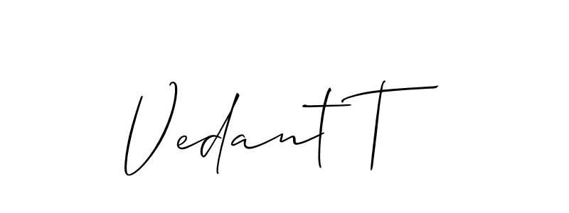 The best way (Allison_Script) to make a short signature is to pick only two or three words in your name. The name Vedant T include a total of six letters. For converting this name. Vedant T signature style 2 images and pictures png