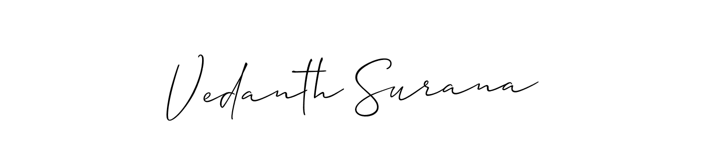 The best way (Allison_Script) to make a short signature is to pick only two or three words in your name. The name Vedanth Surana include a total of six letters. For converting this name. Vedanth Surana signature style 2 images and pictures png