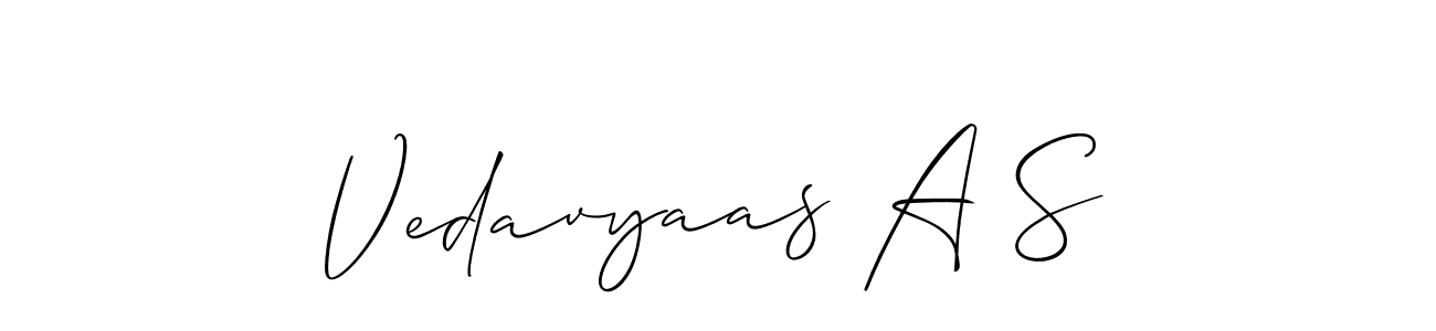 The best way (Allison_Script) to make a short signature is to pick only two or three words in your name. The name Vedavyaas A S include a total of six letters. For converting this name. Vedavyaas A S signature style 2 images and pictures png