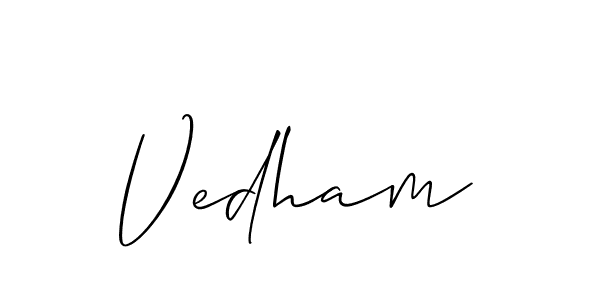 Create a beautiful signature design for name Vedham. With this signature (Allison_Script) fonts, you can make a handwritten signature for free. Vedham signature style 2 images and pictures png