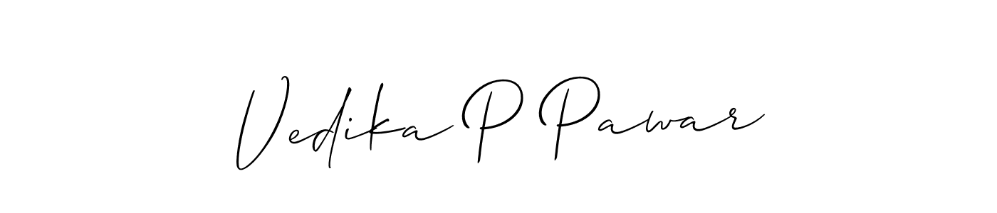 The best way (Allison_Script) to make a short signature is to pick only two or three words in your name. The name Vedika P Pawar include a total of six letters. For converting this name. Vedika P Pawar signature style 2 images and pictures png