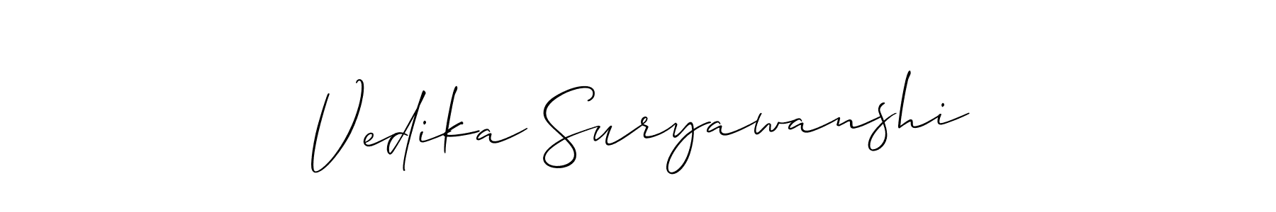 The best way (Allison_Script) to make a short signature is to pick only two or three words in your name. The name Vedika Suryawanshi include a total of six letters. For converting this name. Vedika Suryawanshi signature style 2 images and pictures png