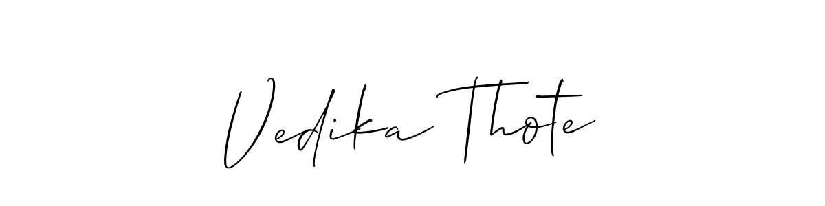 The best way (Allison_Script) to make a short signature is to pick only two or three words in your name. The name Vedika Thote include a total of six letters. For converting this name. Vedika Thote signature style 2 images and pictures png