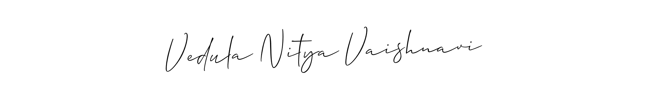 The best way (Allison_Script) to make a short signature is to pick only two or three words in your name. The name Vedula Nitya Vaishnavi include a total of six letters. For converting this name. Vedula Nitya Vaishnavi signature style 2 images and pictures png