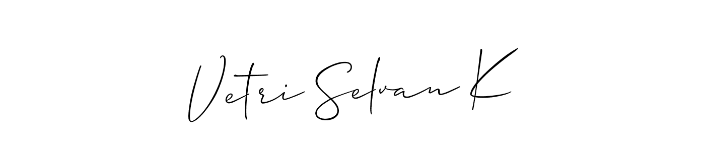 The best way (Allison_Script) to make a short signature is to pick only two or three words in your name. The name Vetri Selvan K include a total of six letters. For converting this name. Vetri Selvan K signature style 2 images and pictures png