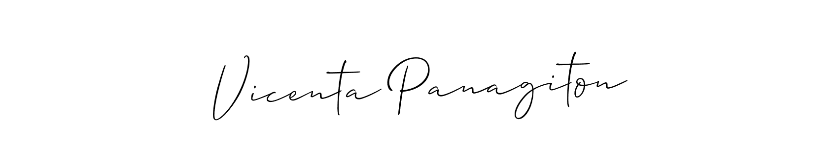 Make a short Vicenta Panagiton signature style. Manage your documents anywhere anytime using Allison_Script. Create and add eSignatures, submit forms, share and send files easily. Vicenta Panagiton signature style 2 images and pictures png