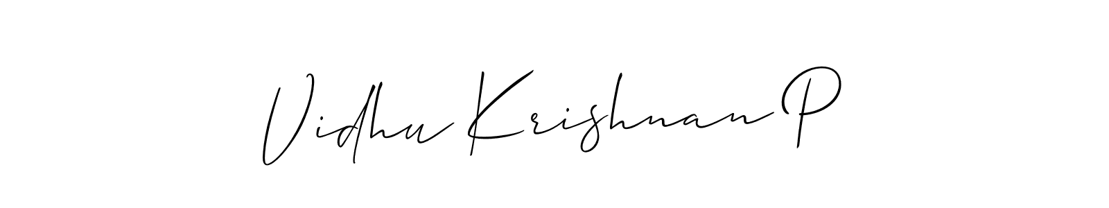 It looks lik you need a new signature style for name Vidhu Krishnan P. Design unique handwritten (Allison_Script) signature with our free signature maker in just a few clicks. Vidhu Krishnan P signature style 2 images and pictures png