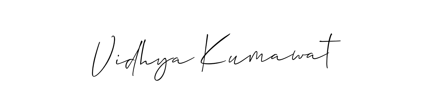 The best way (Allison_Script) to make a short signature is to pick only two or three words in your name. The name Vidhya Kumawat include a total of six letters. For converting this name. Vidhya Kumawat signature style 2 images and pictures png