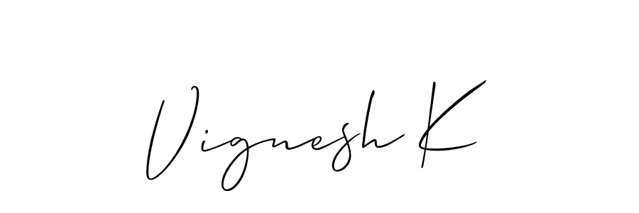 Also You can easily find your signature by using the search form. We will create Vignesh K name handwritten signature images for you free of cost using Allison_Script sign style. Vignesh K signature style 2 images and pictures png